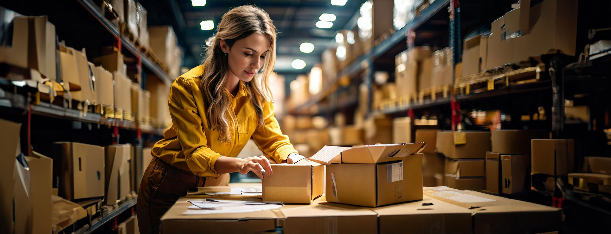 woman packing boxes with print